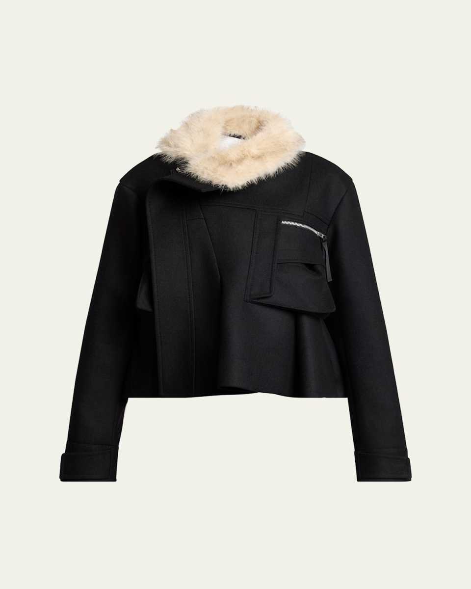 Faux-Fur Collar Wool Utility Jacket